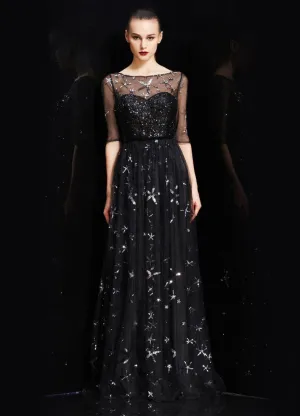 Amazing Bateau Neck Illusion Sweetheart Sequin Star Half Sleeves Tulle evening dress