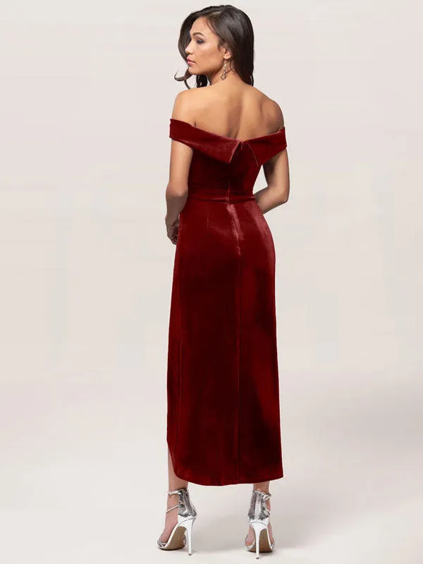 Amazing Burgundy Evening Dress Sheath Bateau Neck Tea-Length Zipper Pleated Velour Formal Dinner Dresses