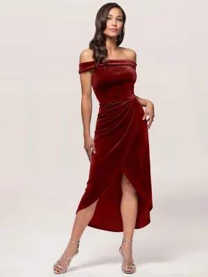 Amazing Burgundy Evening Dress Sheath Bateau Neck Tea-Length Zipper Pleated Velour Formal Dinner Dresses
