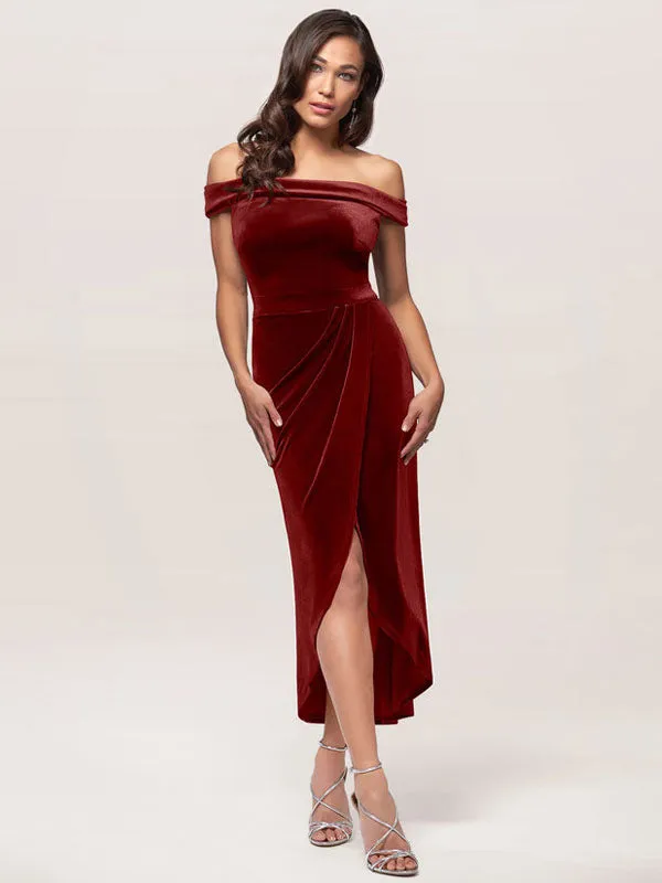 Amazing Burgundy Evening Dress Sheath Bateau Neck Tea-Length Zipper Pleated Velour Formal Dinner Dresses