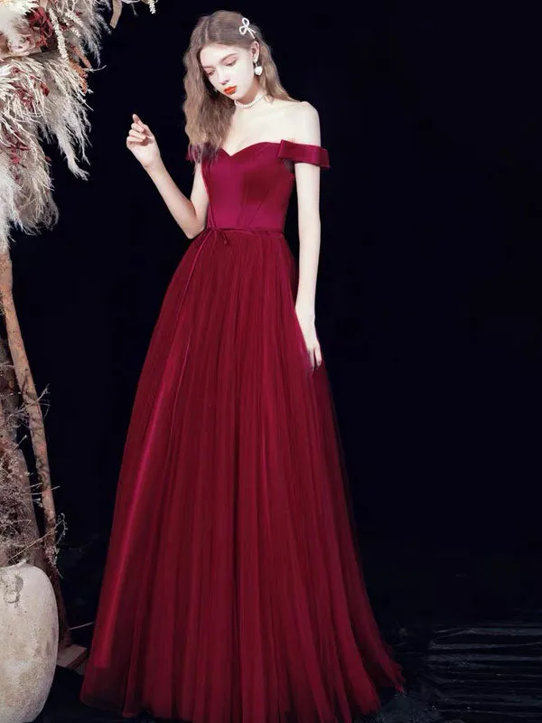 Amazing Evening Dress A-Line Bateau Neck Satin Fabric Floor-Length Formal Dinner Dresses Burgundy Pageant Dress