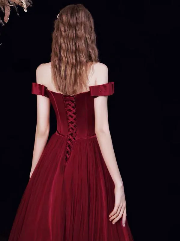 Amazing Evening Dress A-Line Bateau Neck Satin Fabric Floor-Length Formal Dinner Dresses Burgundy Pageant Dress