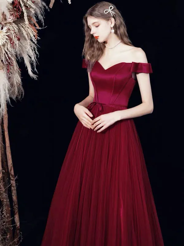 Amazing Evening Dress A-Line Bateau Neck Satin Fabric Floor-Length Formal Dinner Dresses Burgundy Pageant Dress