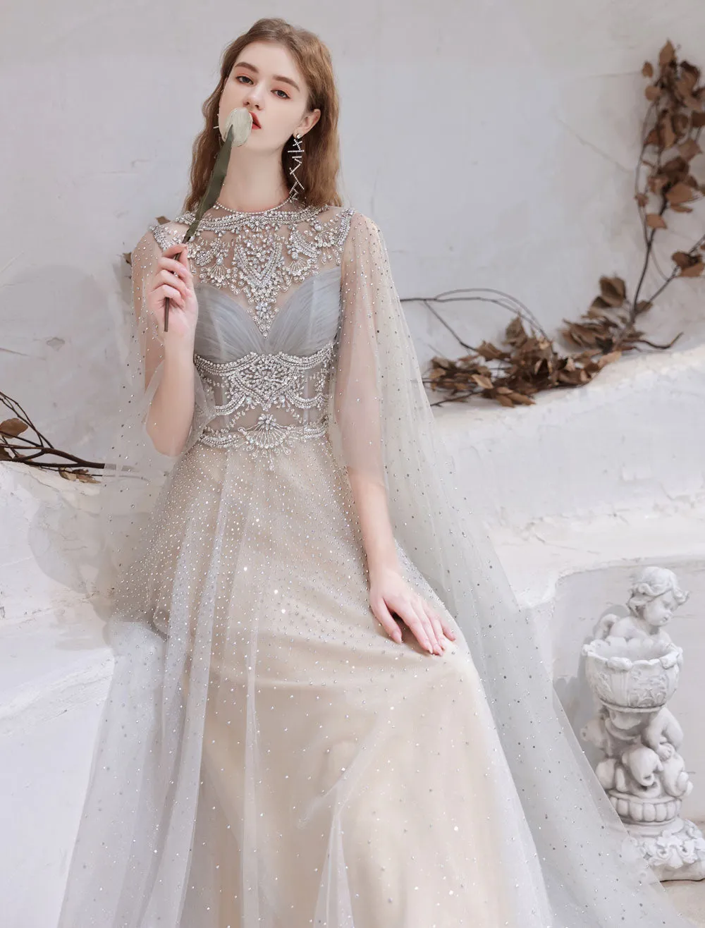 Amazing Evening Dress Light Grey A Line Jewel Neck Floor Length Sleeveless Zipper Social Party Dresses Pageant Dress