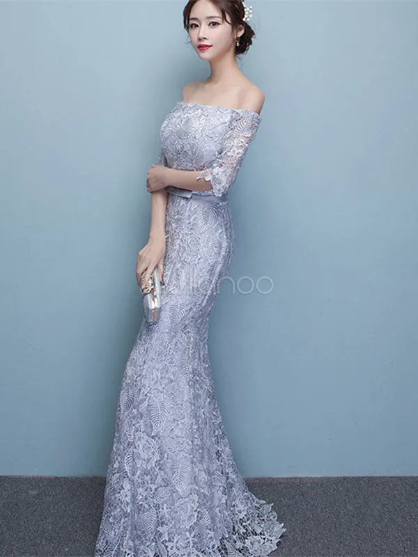 Amazing Mermaid Evening Dress Lace Off The Shoulder Party Dress Silver Half Sleeve Floor Length Occasion Dress With Bow Sash wedding guest dress