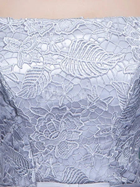 Amazing Mermaid Evening Dress Lace Off The Shoulder Party Dress Silver Half Sleeve Floor Length Occasion Dress With Bow Sash wedding guest dress