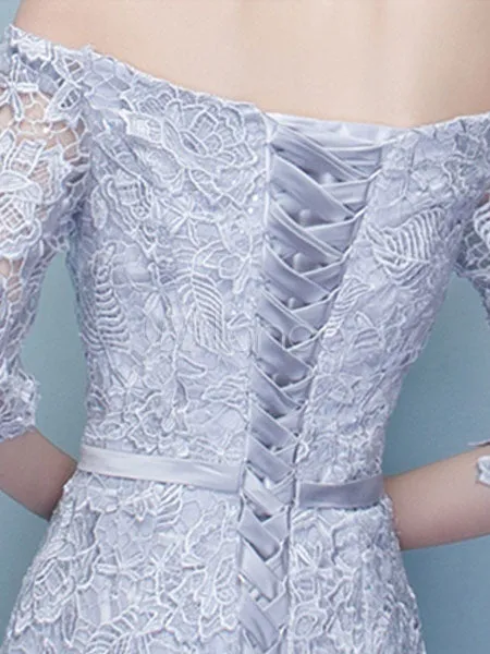 Amazing Mermaid Evening Dress Lace Off The Shoulder Party Dress Silver Half Sleeve Floor Length Occasion Dress With Bow Sash wedding guest dress