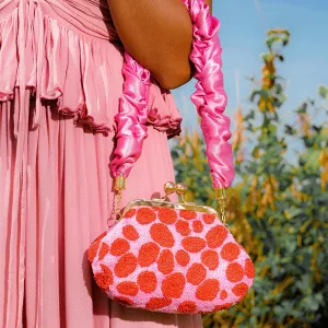 ARNOLDI Daisy Hand-Beaded Clutch, in Pink & Red
