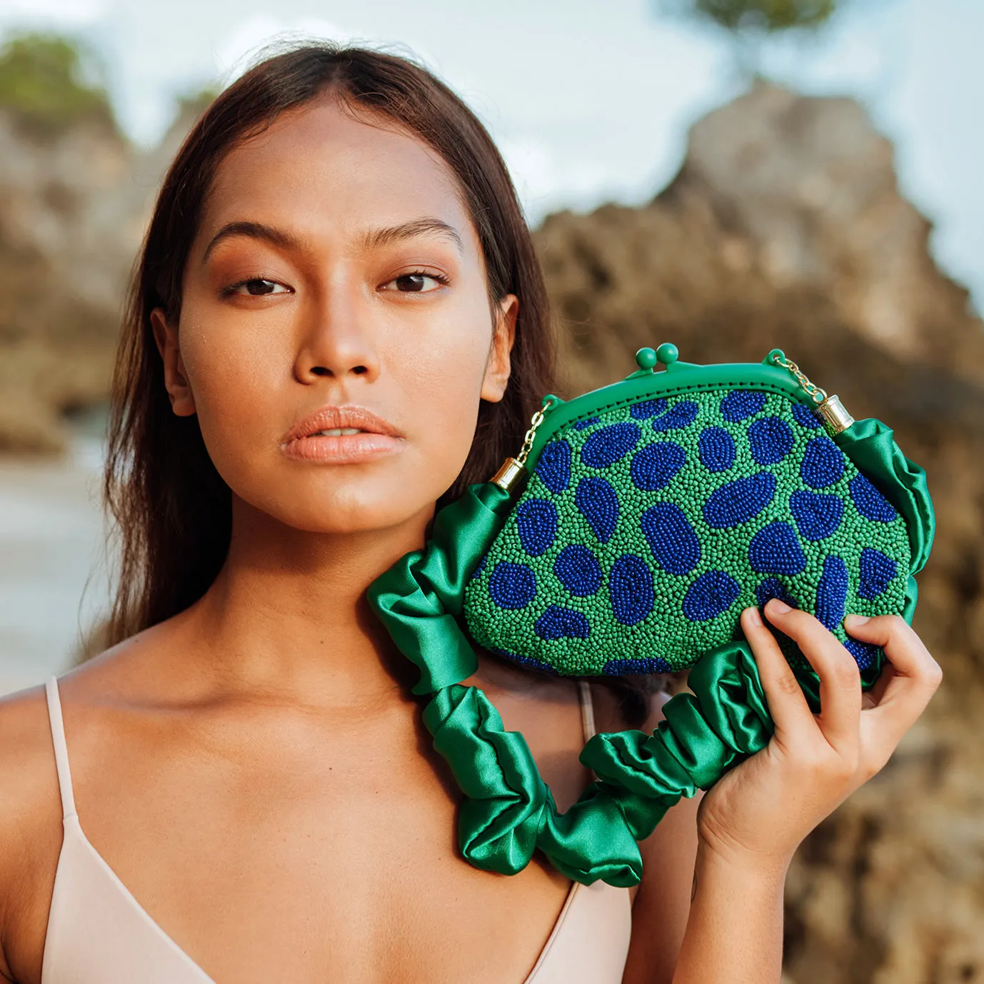 ARNOLDI JADE Hand-beaded Clutch, in Lush Green & Blue