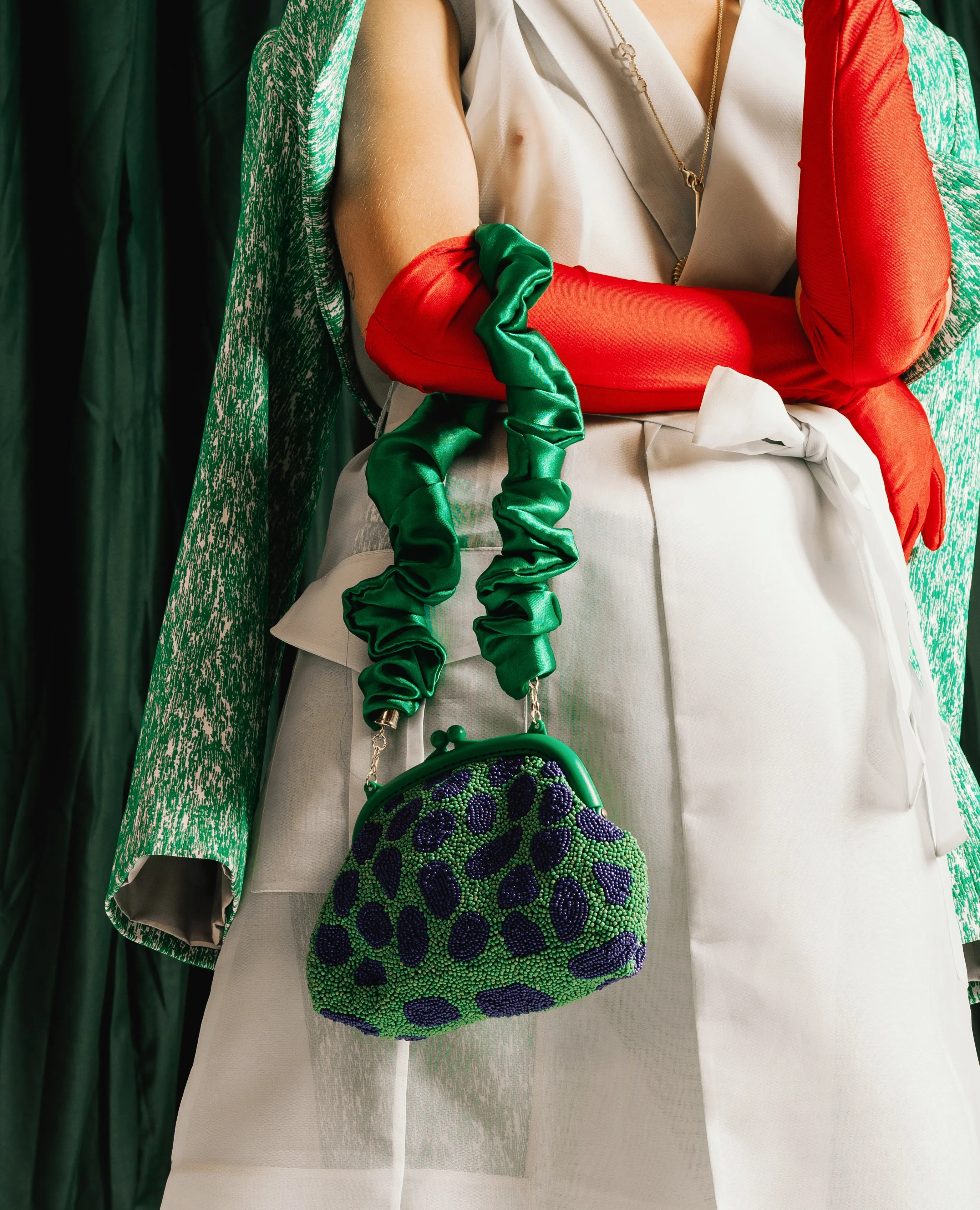 ARNOLDI JADE Hand-beaded Clutch, in Lush Green & Blue