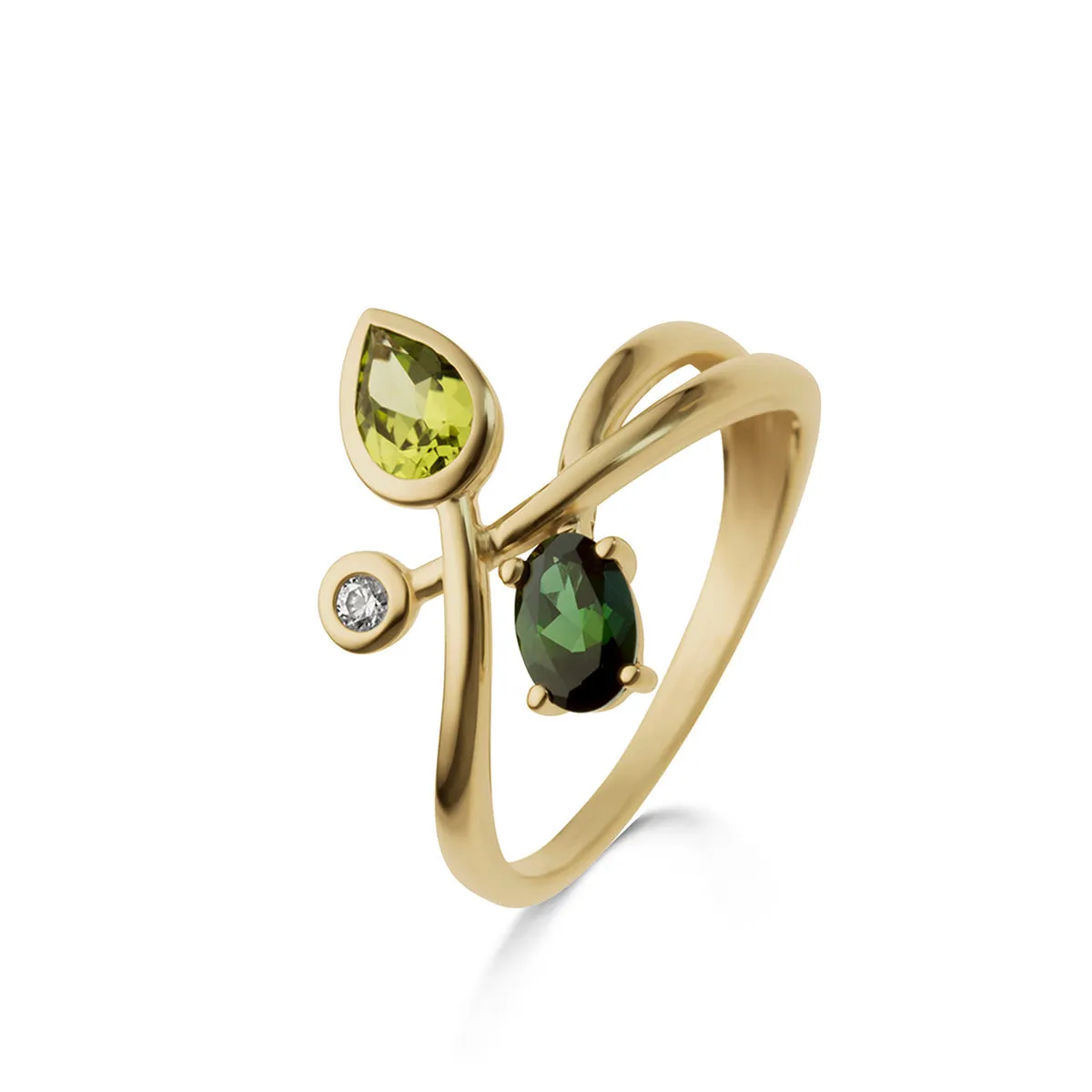Bague avec motif - Or Jaune, Tourmaline verte, Péridot et Diamants (067178DA)