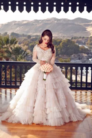 Ball Gown V-neck Long Sleeves Floor Length Tulle Jewel Applique Evening Dress