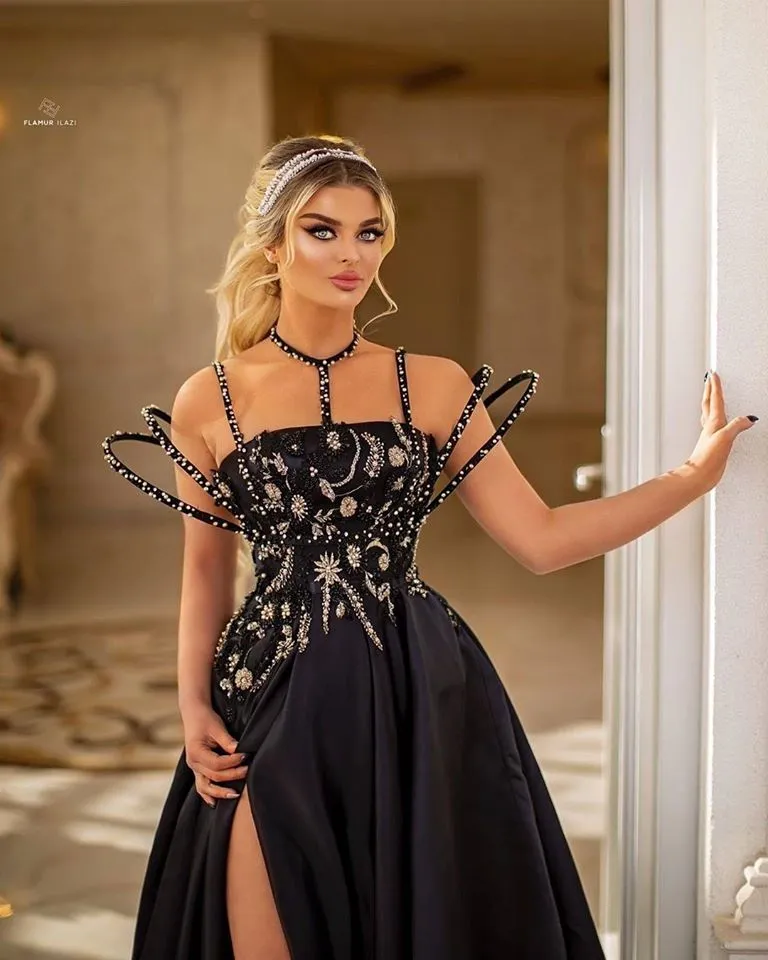 Beaded Moon and Night Black Sparkle Sequin High Split Evening Dress
