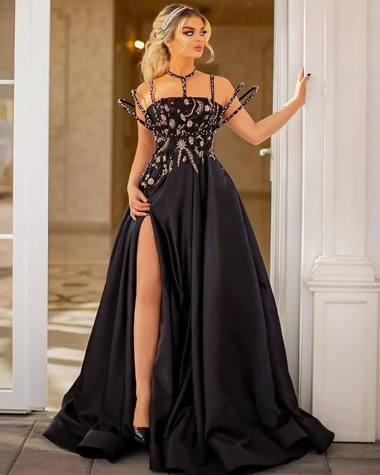 Beaded Moon and Night Black Sparkle Sequin High Split Evening Dress