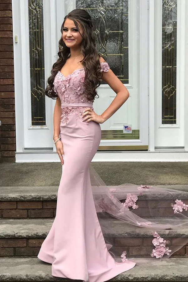 Beautiful Off-the-shoulder Mermaid Lace Appliques Pearl Pink Bridesmaid Dress with Belt