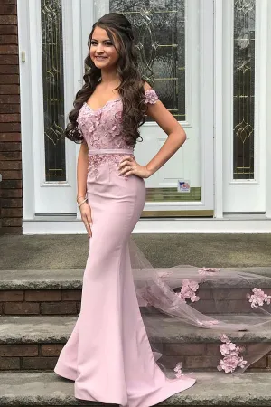 Beautiful Off-the-shoulder Mermaid Lace Appliques Pearl Pink Bridesmaid Dress with Belt