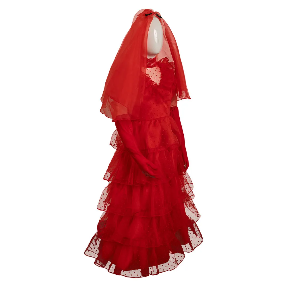Beetle Juice Lydia Bride Wedding Red Dress Kids Children Cosplay Costume Outfits Halloween Carnival Suit