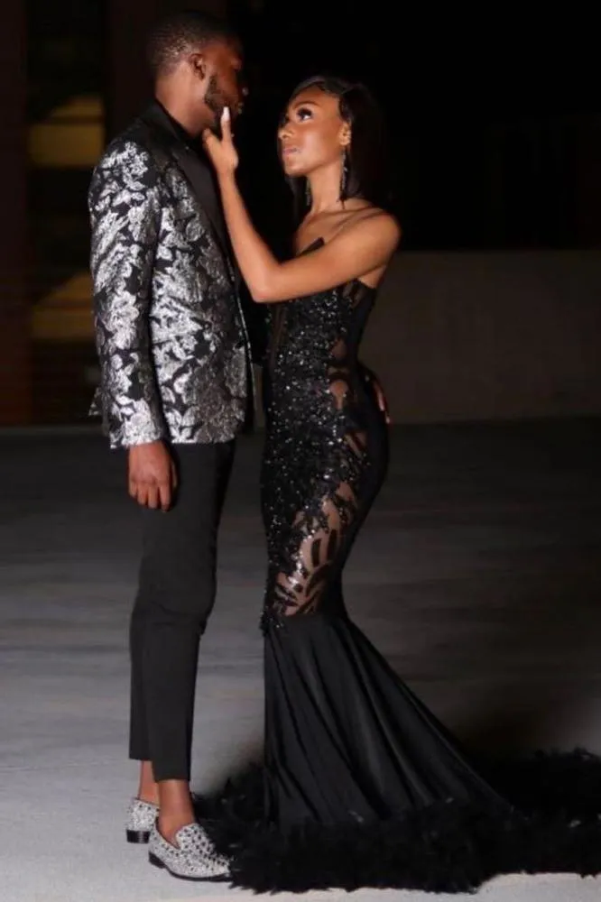 Black Chic Mermaid Prom Party GownsSweetheart Sequined Evening Dress