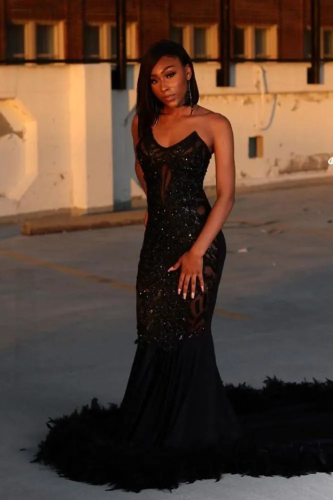 Black Chic Mermaid Prom Party GownsSweetheart Sequined Evening Dress