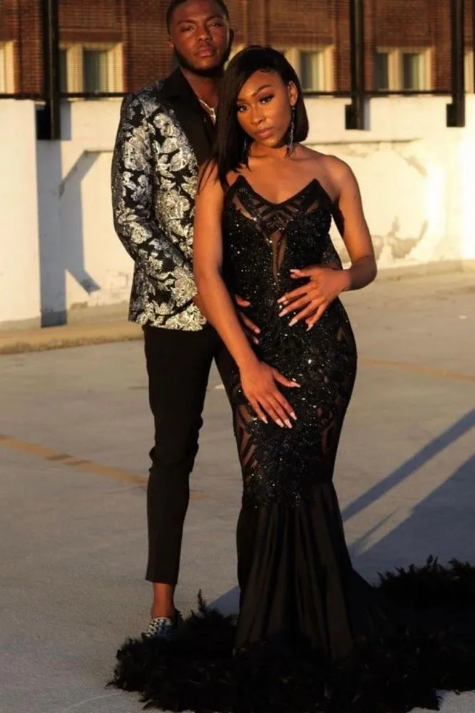Black Chic Mermaid Prom Party GownsSweetheart Sequined Evening Dress