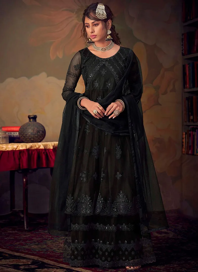 Black Designer Anarkali Gharara Suit