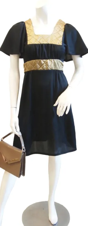 Black dress lily sleeves gold quilted collar and waist
