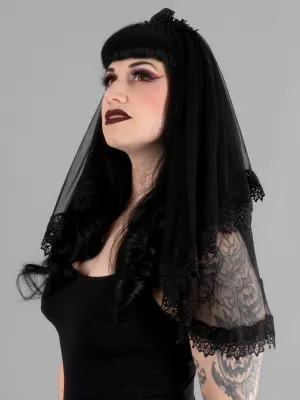 Black Mesh Veil with Lace Trim