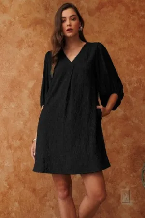 Black V Neck Dress with 3/4 Sleeve   Side Pockets