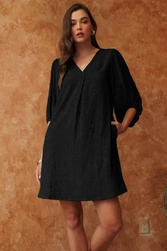 Black V Neck Dress with 3/4 Sleeve   Side Pockets