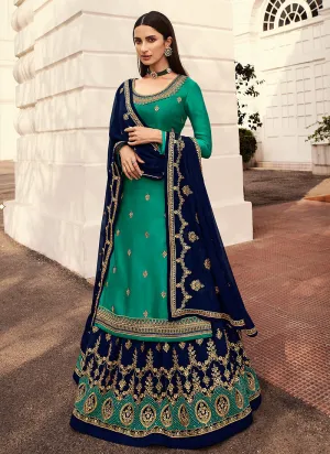 Blue And Turquoise Golden Zari Embroidered Indian Lehenga Suit