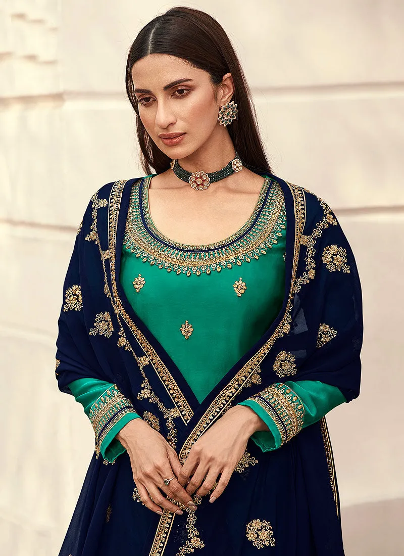Blue And Turquoise Golden Zari Embroidered Indian Lehenga Suit