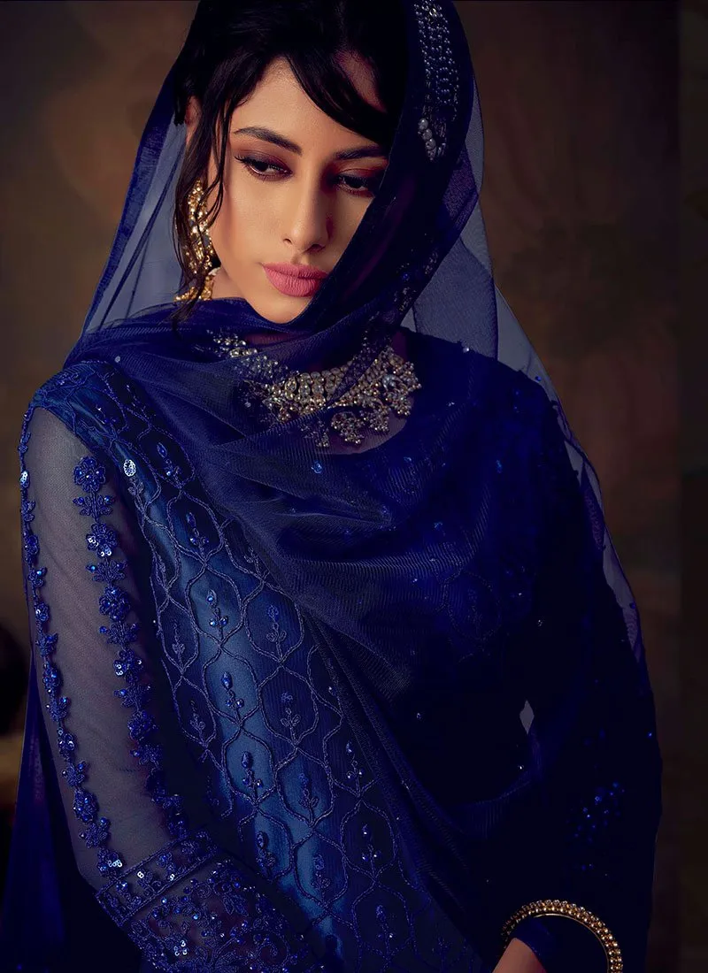 Blue Designer Anarkali Gharara Suit