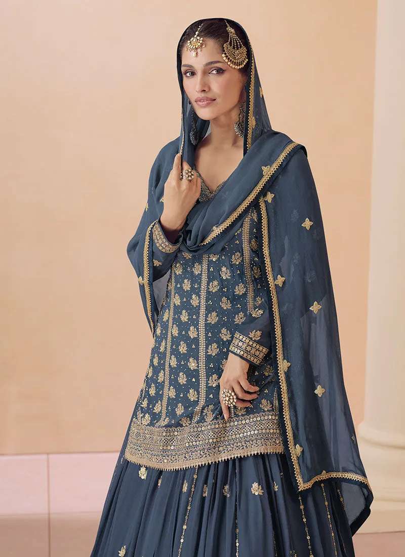 Blue Multi Embroidered Wedding Lehenga Kurti And Dupatta