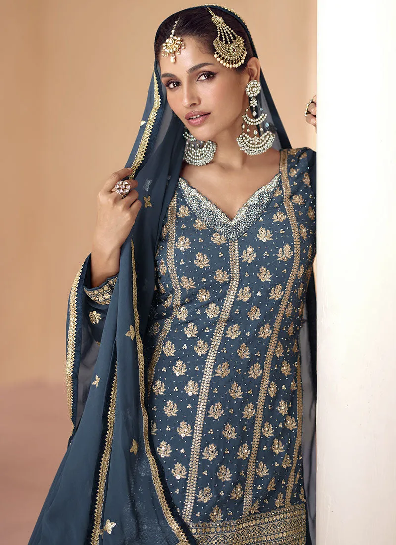 Blue Multi Embroidered Wedding Lehenga Kurti And Dupatta