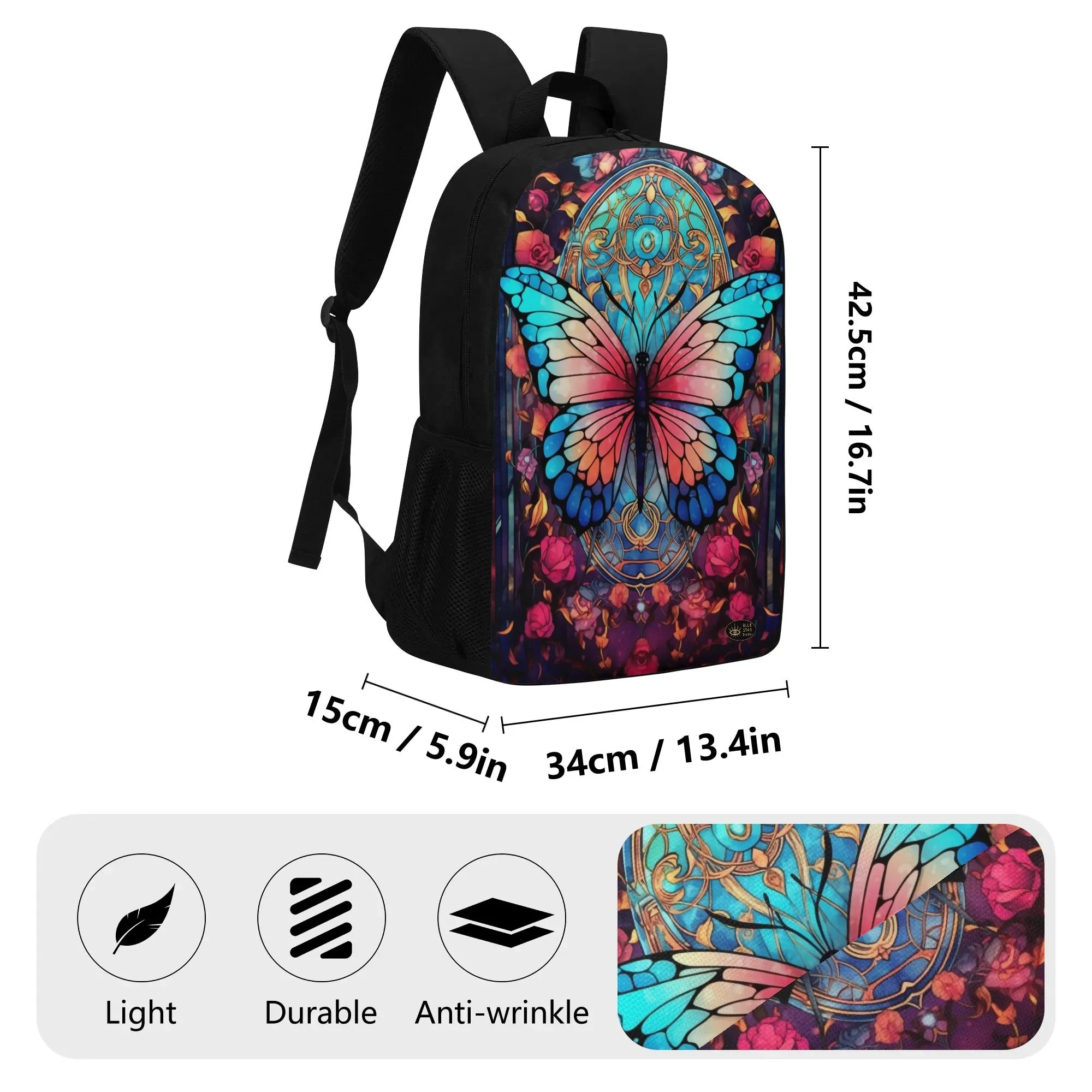 Blue Pink Stained Glass Butterfly 17 Inch Laptop Backpack