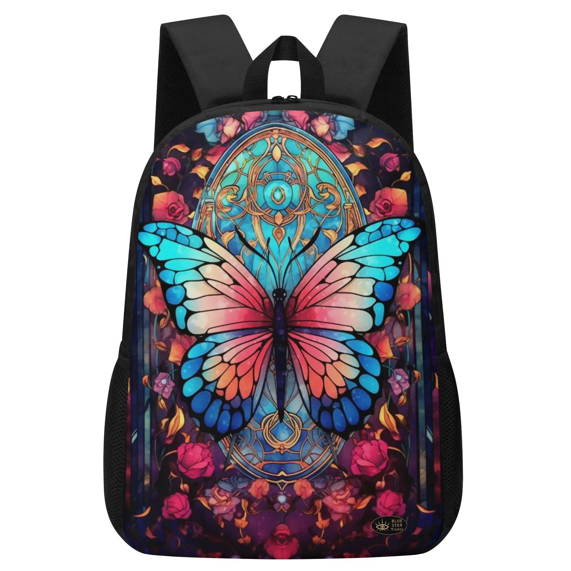 Blue Pink Stained Glass Butterfly 17 Inch Laptop Backpack