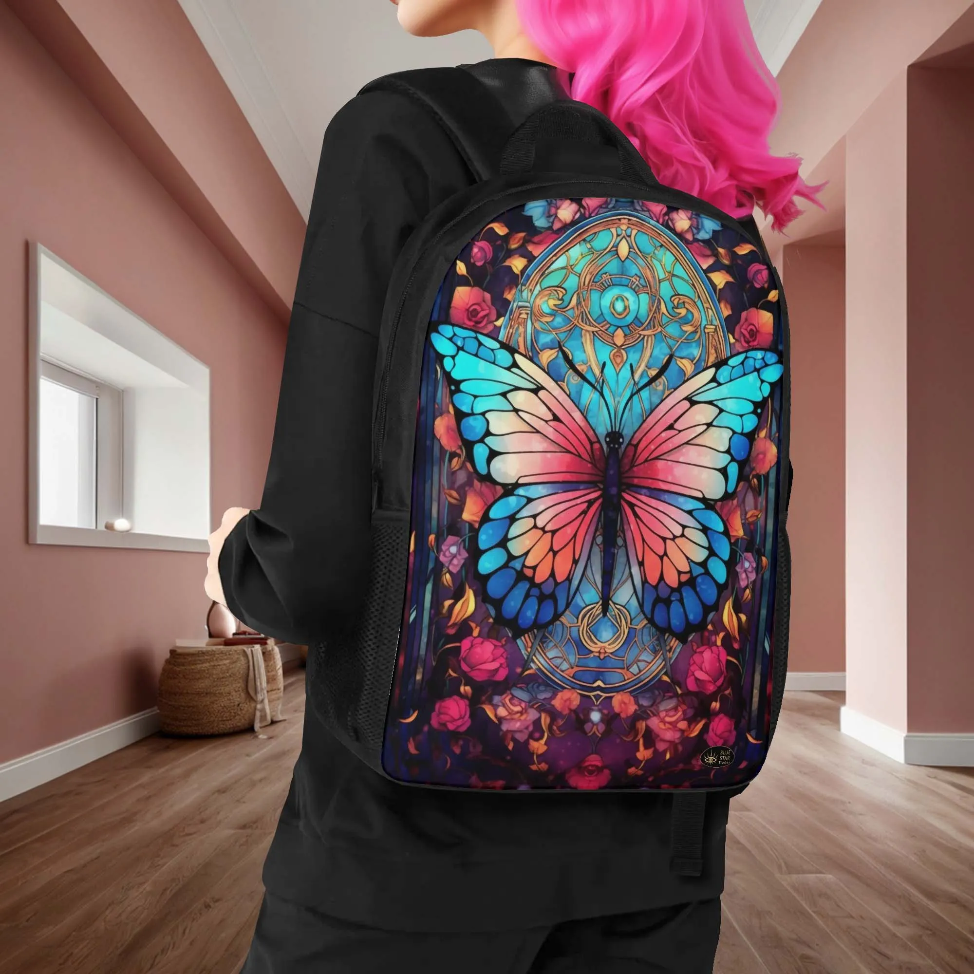 Blue Pink Stained Glass Butterfly 17 Inch Laptop Backpack
