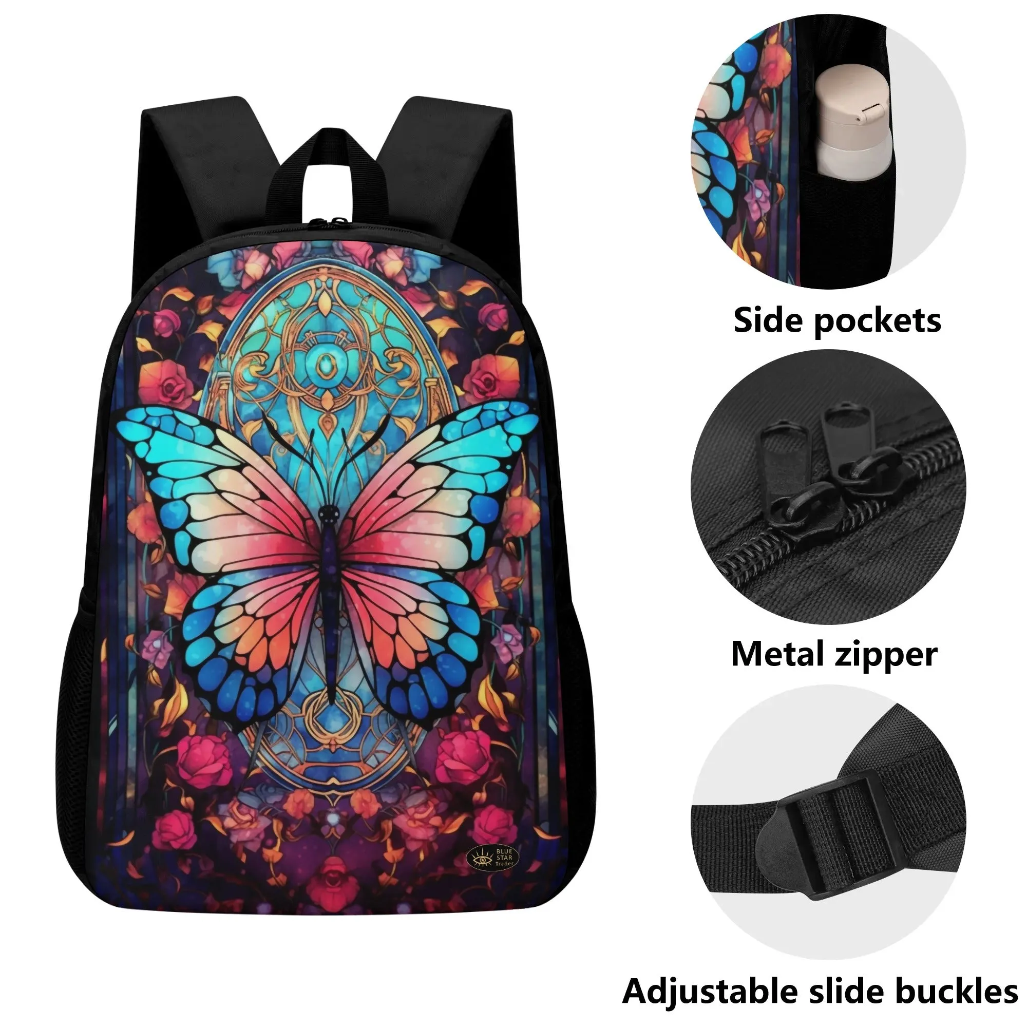 Blue Pink Stained Glass Butterfly 17 Inch Laptop Backpack