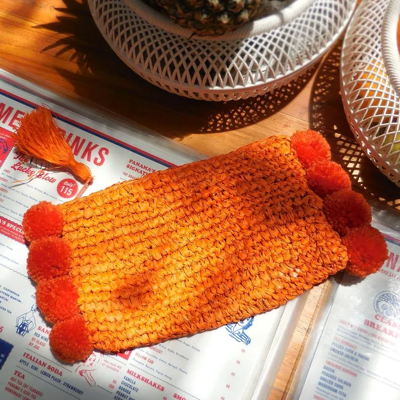 Brunna Canggu Woven Straw Clutch - in Tangerine Orange Raffia &