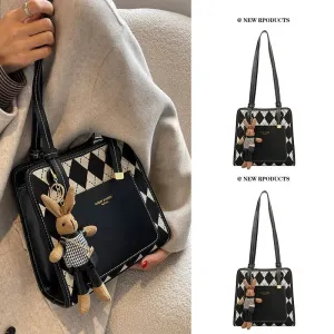 Bunny Keychain Argyle Pattern Tote Bag