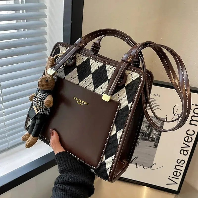 Bunny Keychain Argyle Pattern Tote Bag