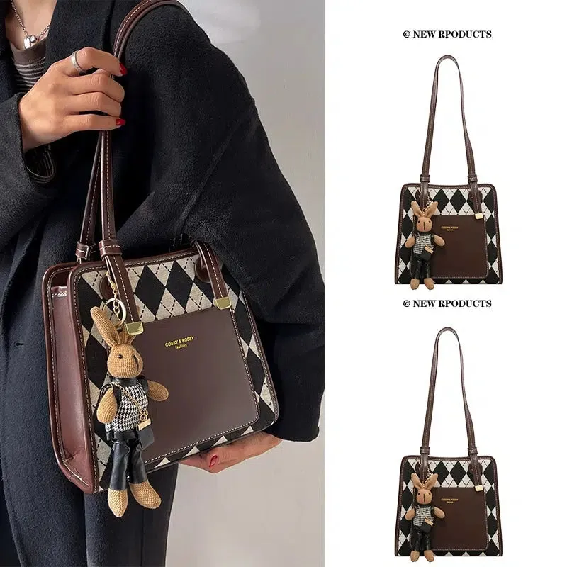 Bunny Keychain Argyle Pattern Tote Bag