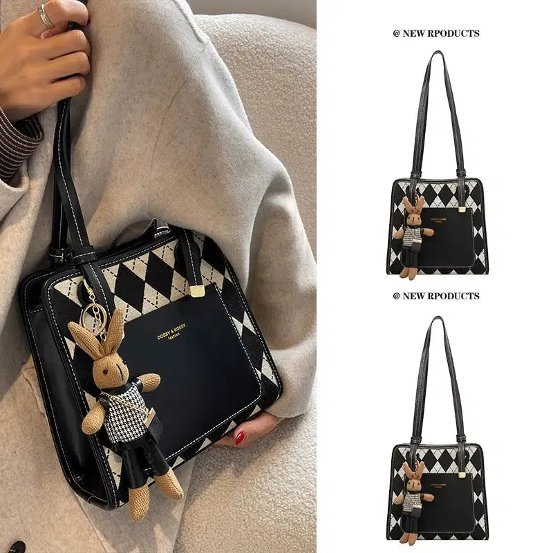 Bunny Keychain Argyle Pattern Tote Bag