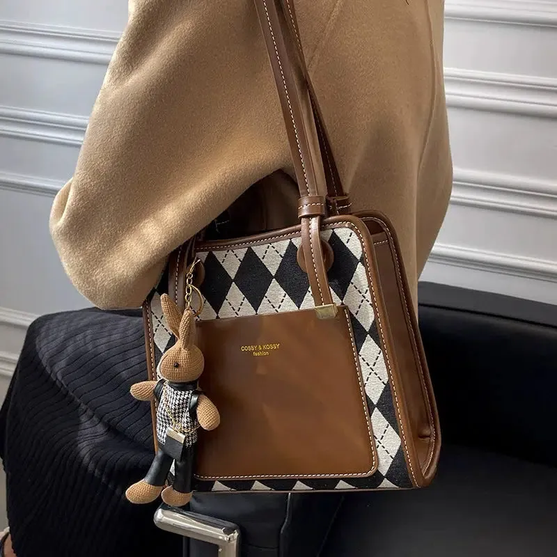 Bunny Keychain Argyle Pattern Tote Bag