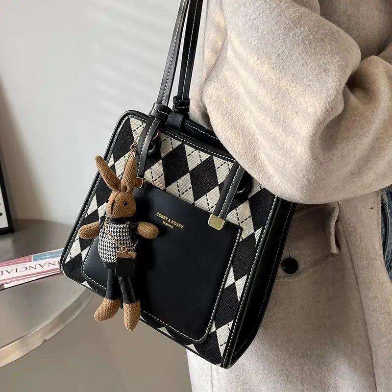 Bunny Keychain Argyle Pattern Tote Bag