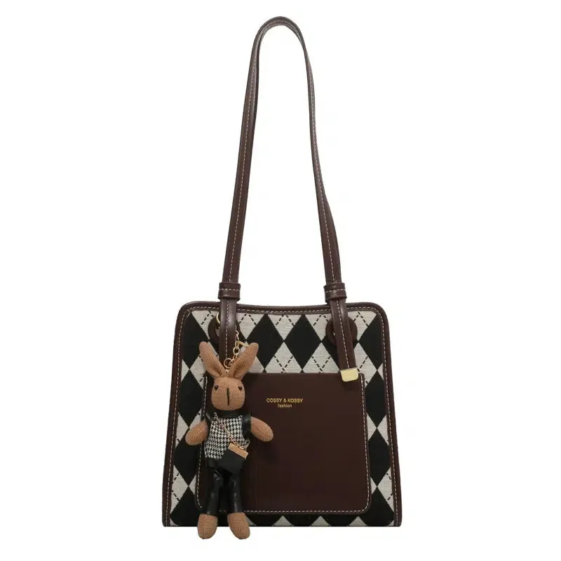 Bunny Keychain Argyle Pattern Tote Bag