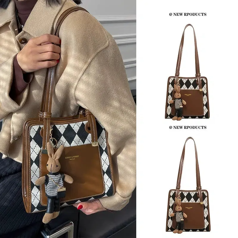 Bunny Keychain Argyle Pattern Tote Bag