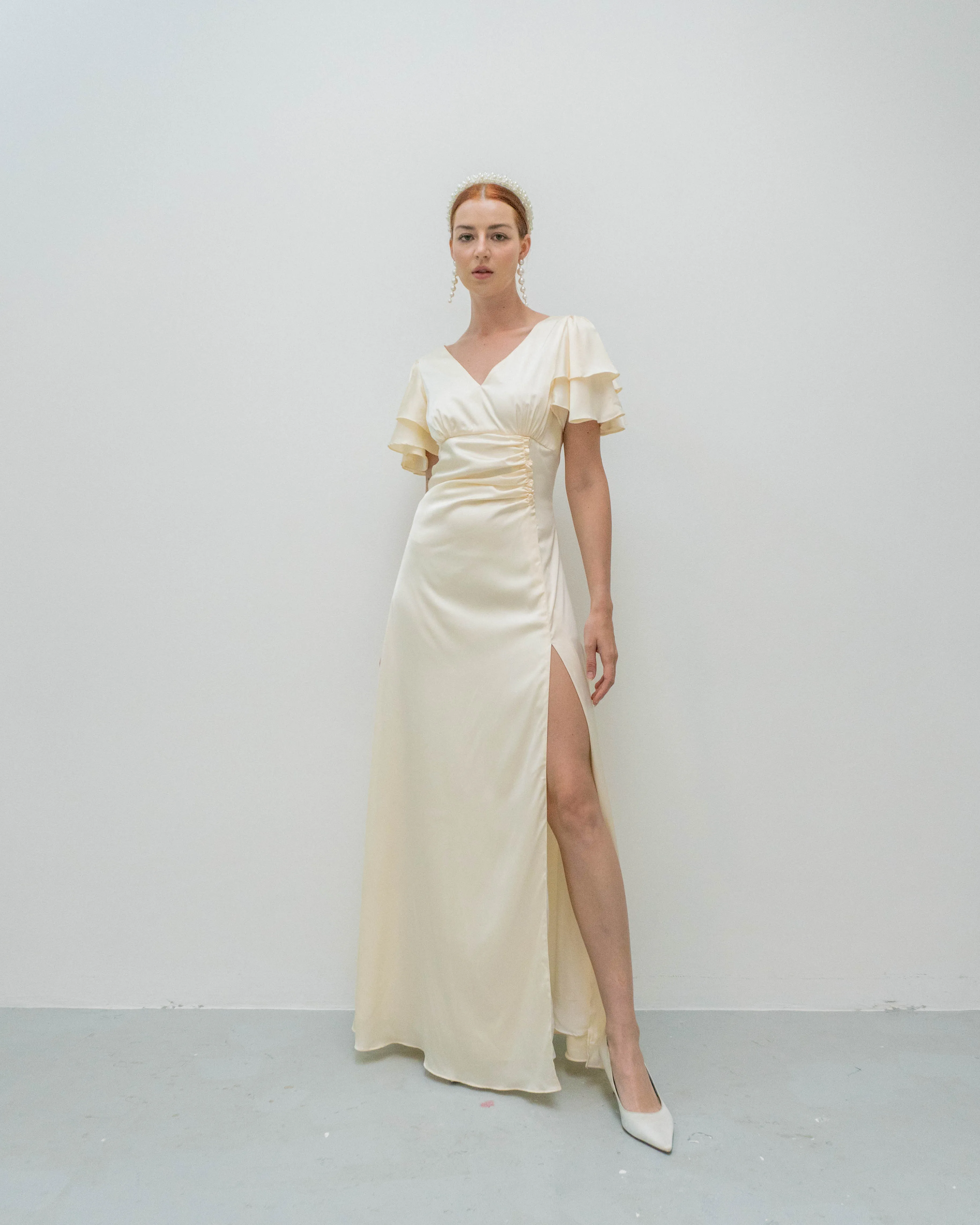 Caitlyn Flutter Sleeves Floor Length Slit Dress
