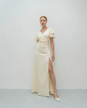 Caitlyn Flutter Sleeves Floor Length Slit Dress