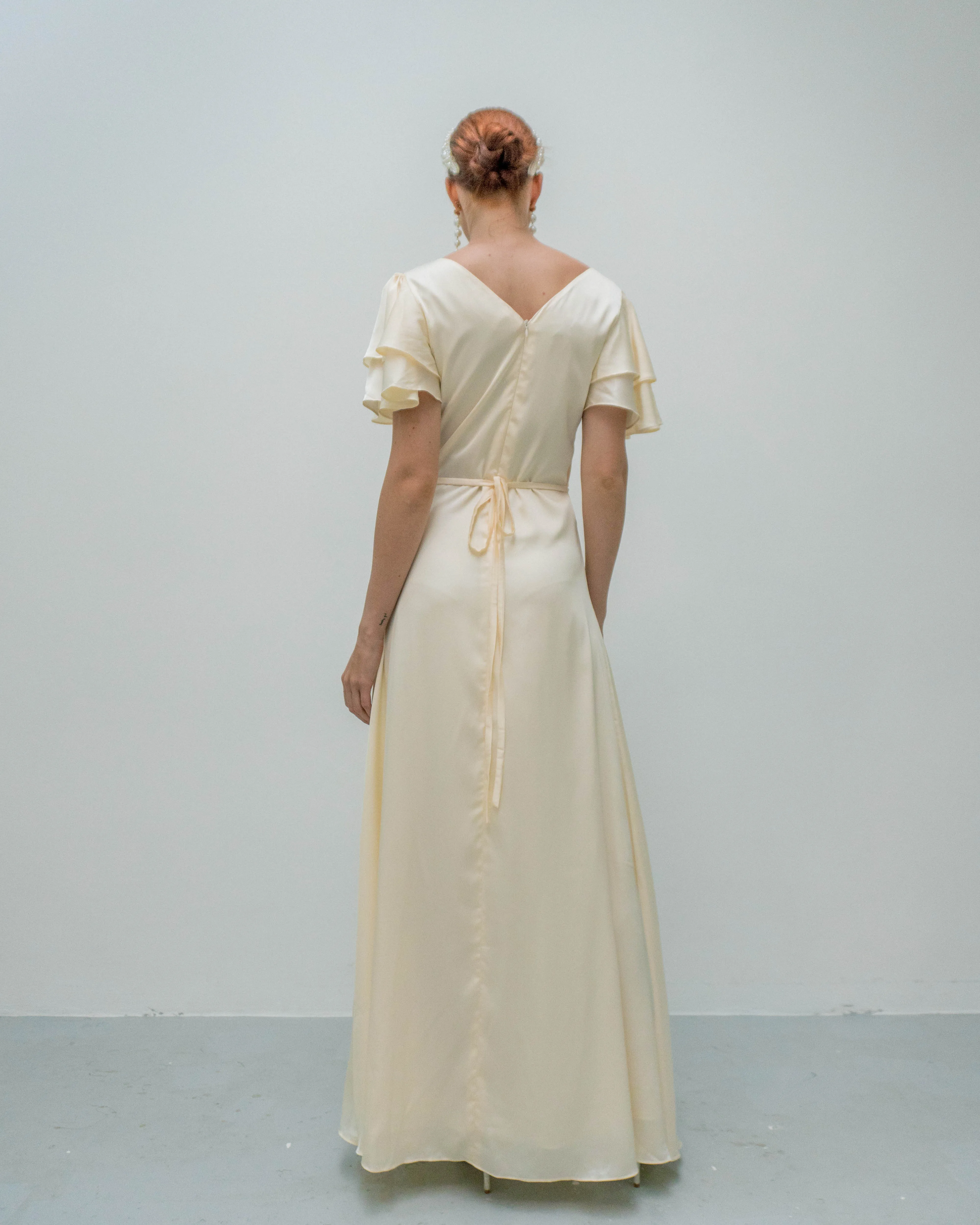 Caitlyn Flutter Sleeves Floor Length Slit Dress